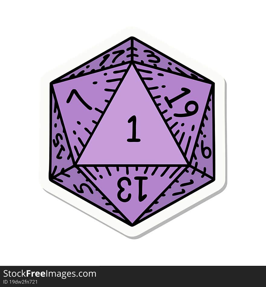 sticker of a natural 1 D20 dice roll. sticker of a natural 1 D20 dice roll