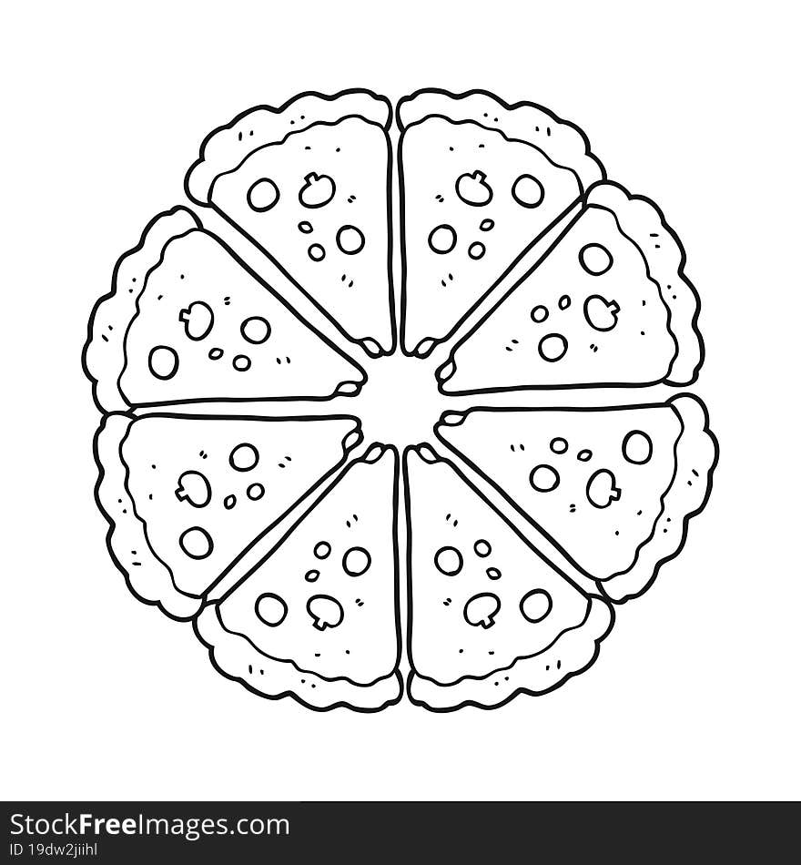 freehand drawn black and white cartoon pizza