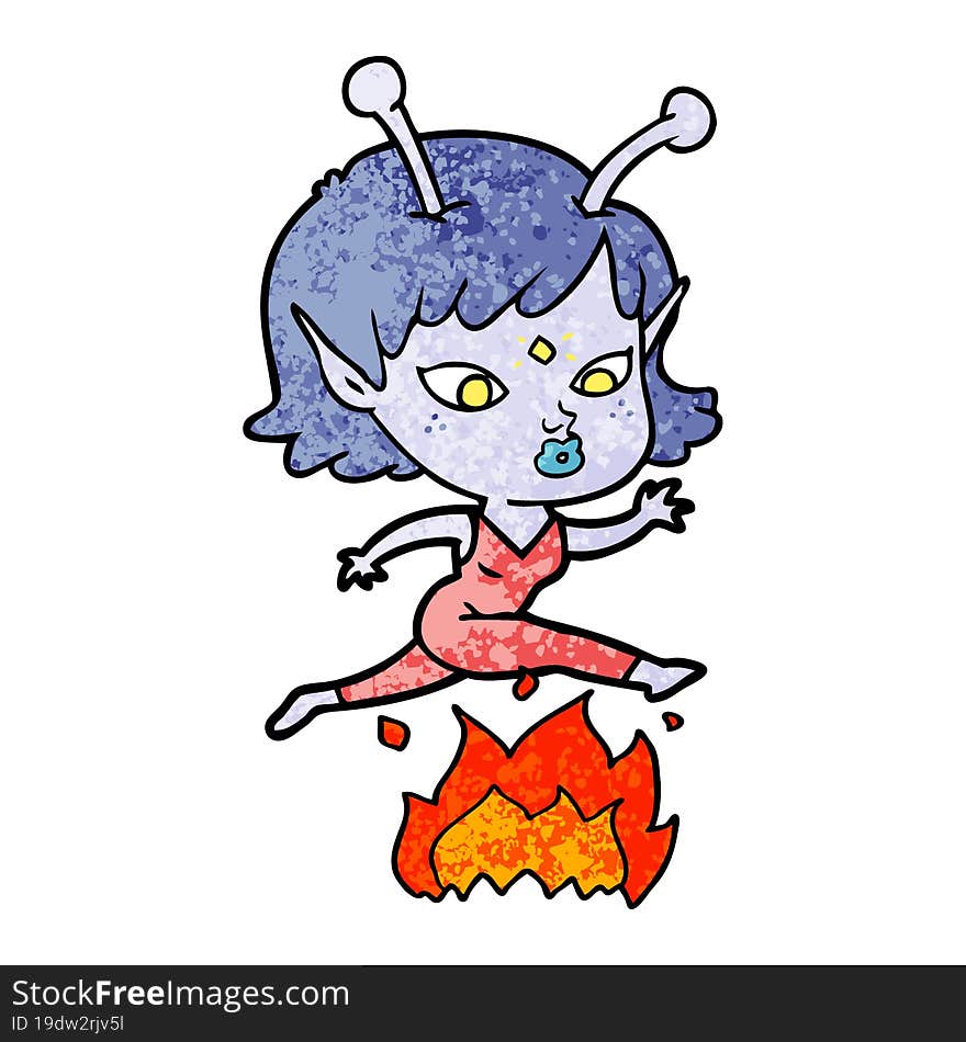 pretty cartoon alien girl jumping over fire. pretty cartoon alien girl jumping over fire