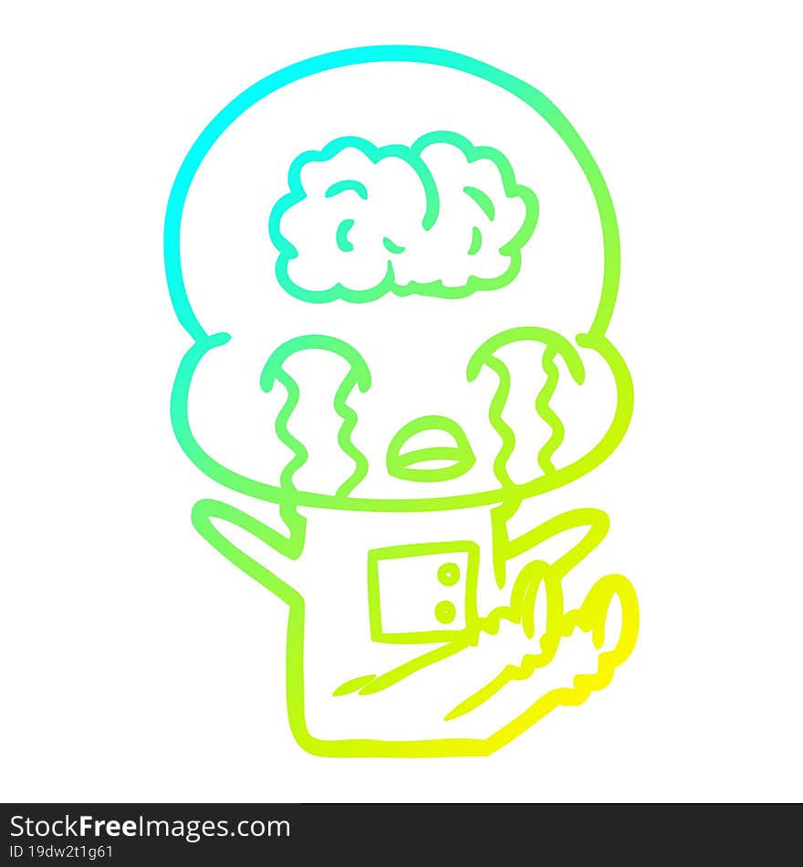 Cold Gradient Line Drawing Cartoon Big Brain Alien Crying