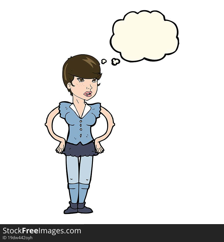 cartoon woman with hands on hips with thought bubble