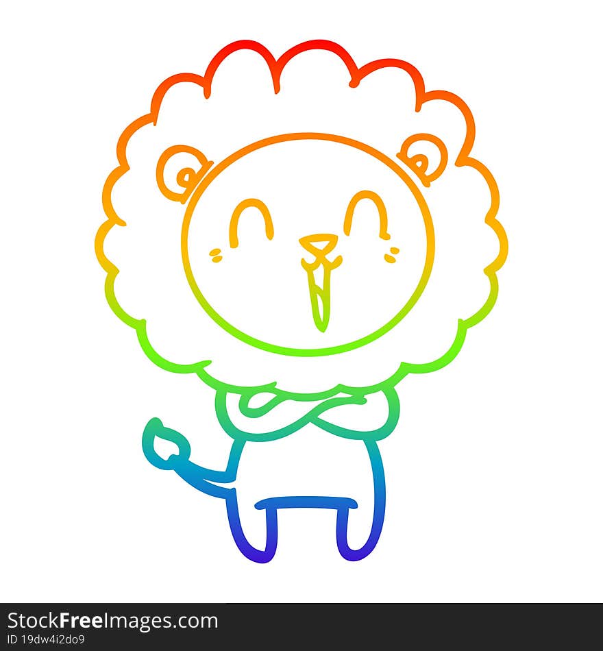 rainbow gradient line drawing of a laughing lion cartoon