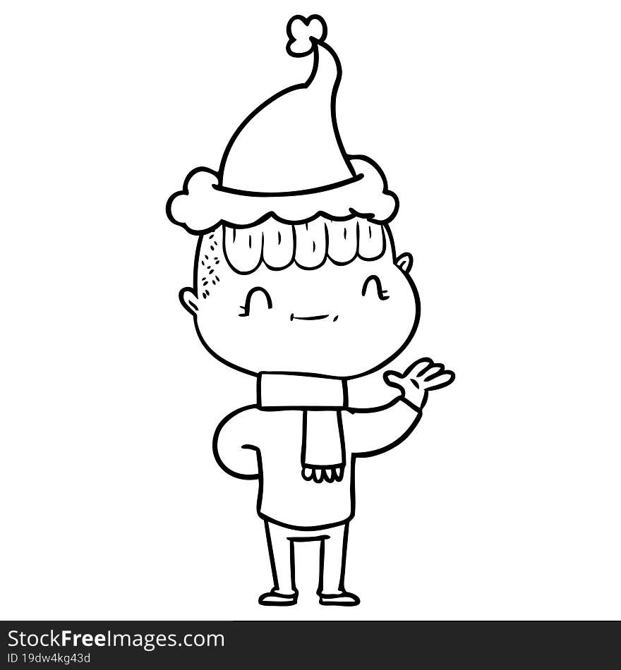 line drawing of a friendly boy wearing santa hat