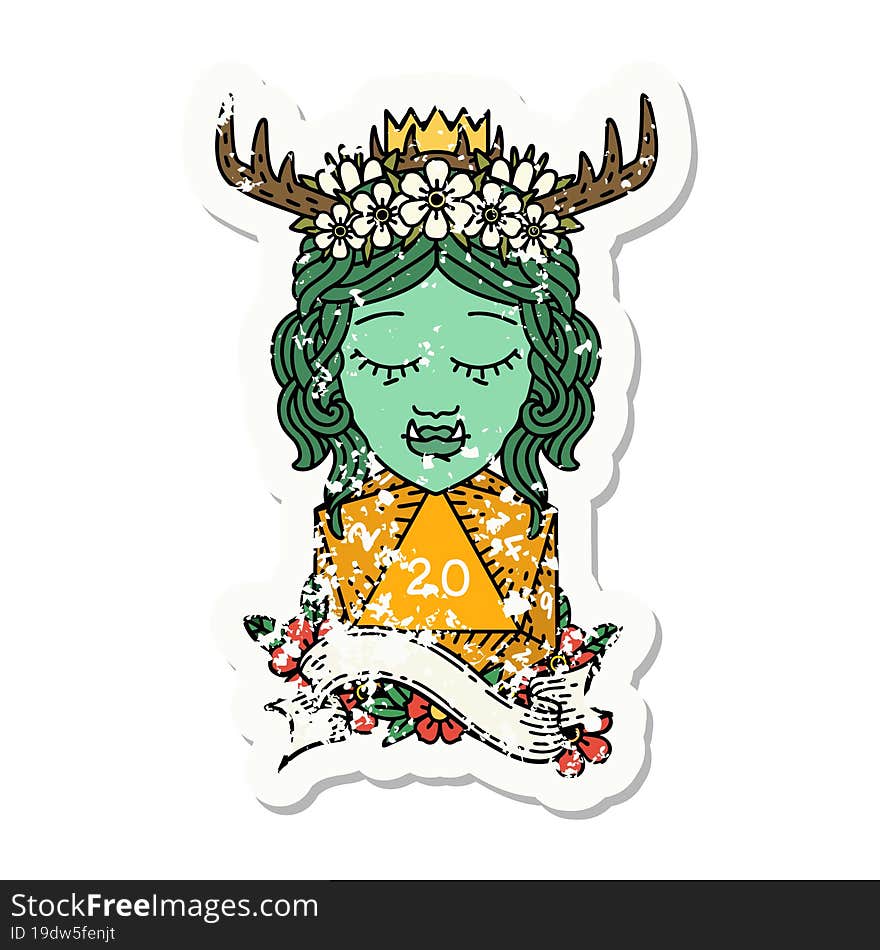 orc druid character with natural twenty dice roll grunge sticker