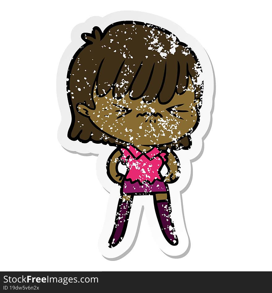 distressed sticker of a annoyed cartoon girl