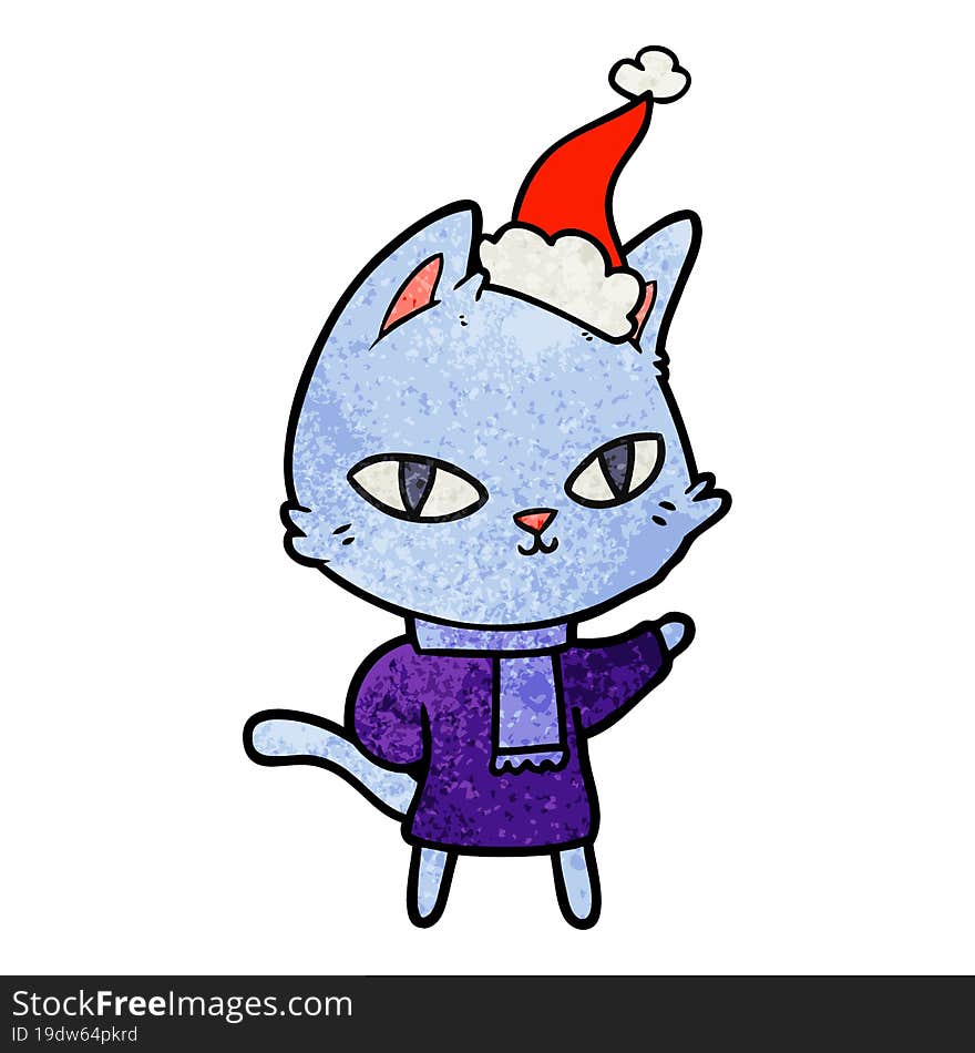 textured cartoon of a cat staring wearing santa hat