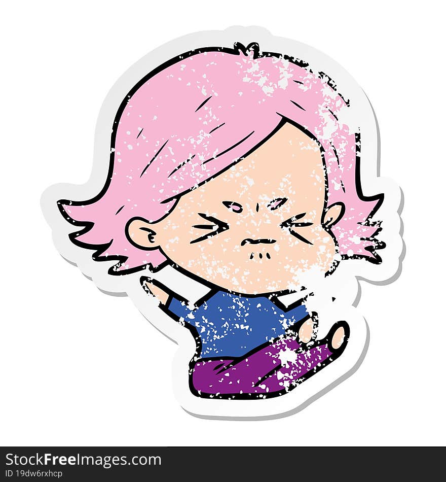 distressed sticker of a cartoon angry girl