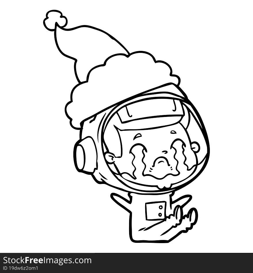 line drawing of a crying astronaut wearing santa hat