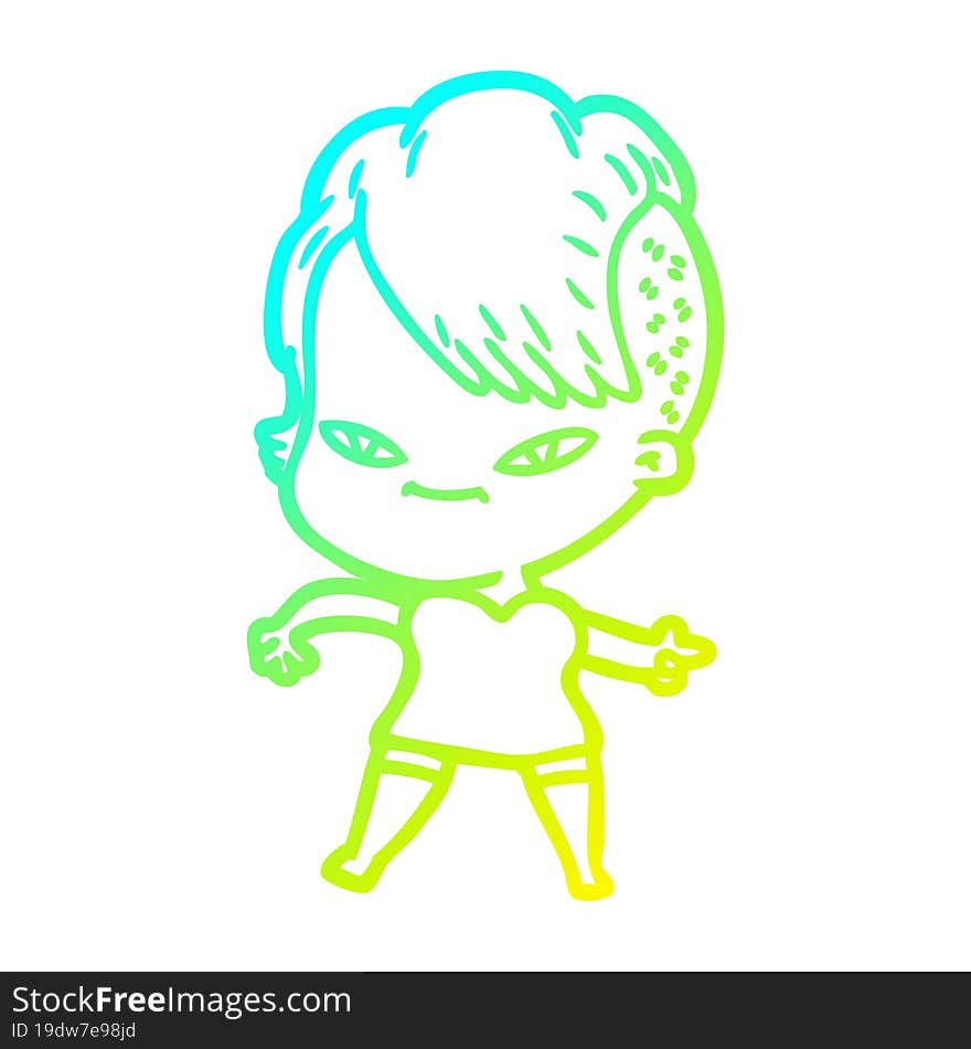 cold gradient line drawing cute cartoon girl with hipster haircut