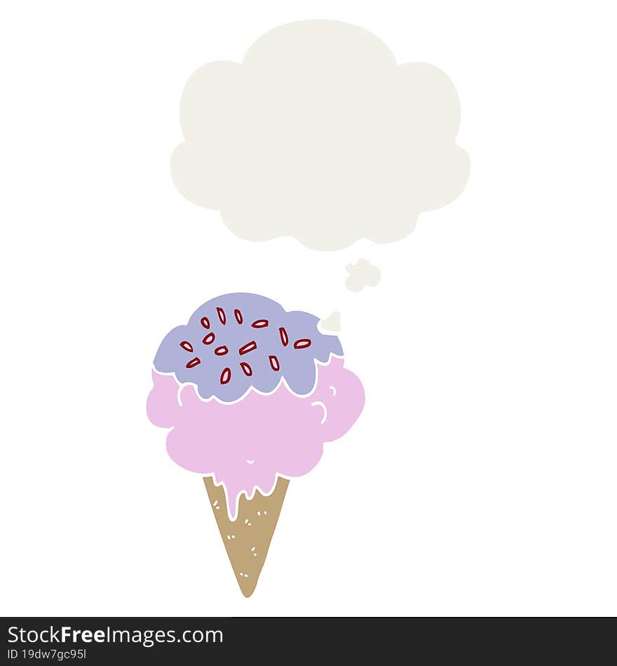 cartoon ice cream with thought bubble in retro style