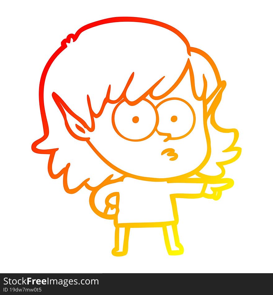 warm gradient line drawing of a cartoon elf girl pointing