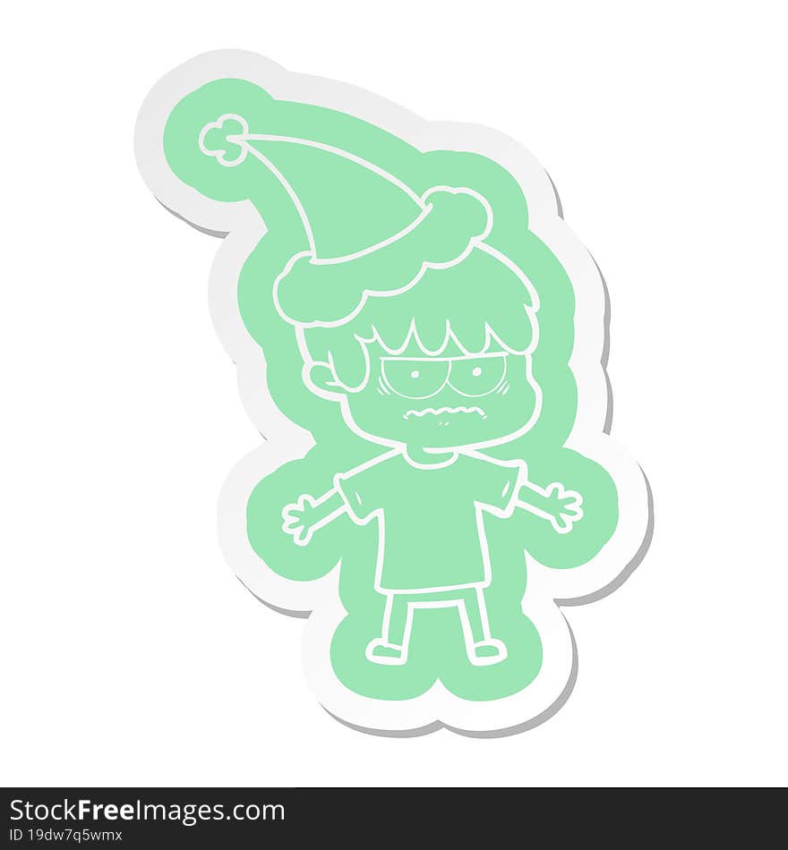 Annoyed Cartoon  Sticker Of A Boy Wearing Santa Hat