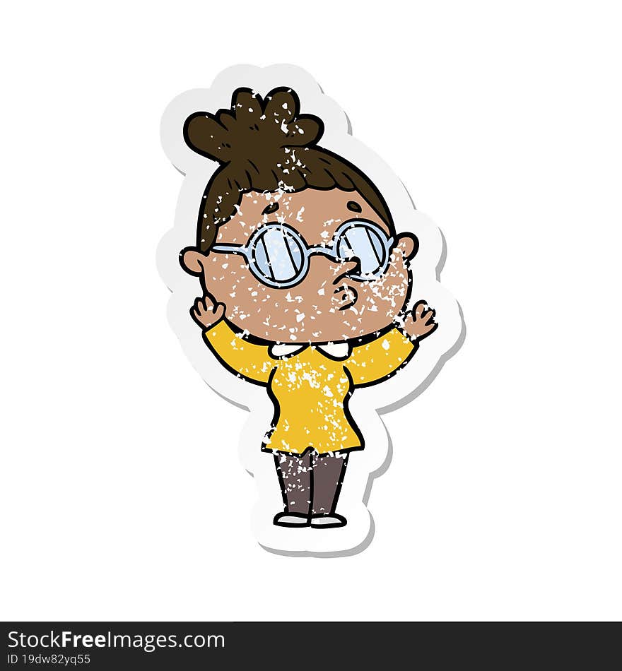 distressed sticker of a cartoon woman wearing glasses