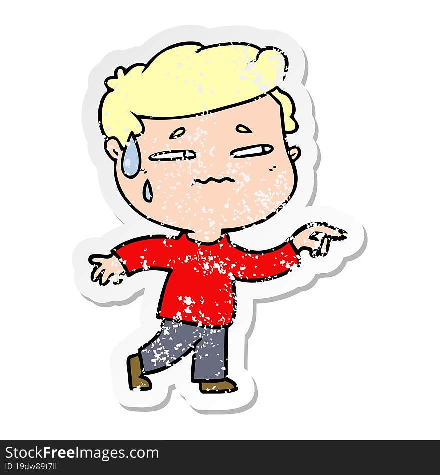 distressed sticker of a cartoon anxious man pointing