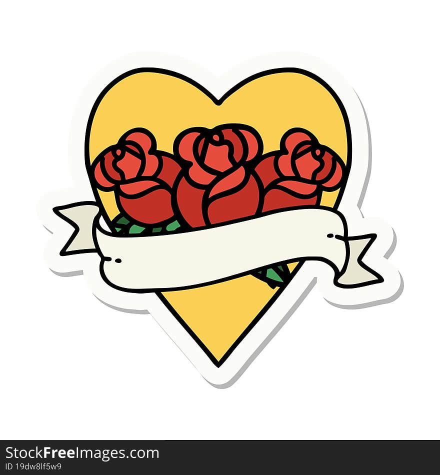 Tattoo Style Sticker Of A Heart And Banner With Flowers