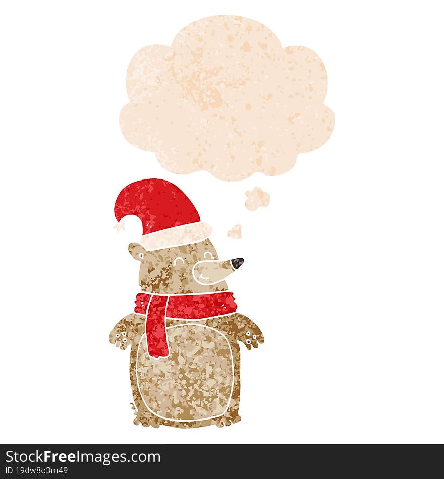 cartoon christmas bear and thought bubble in retro textured style