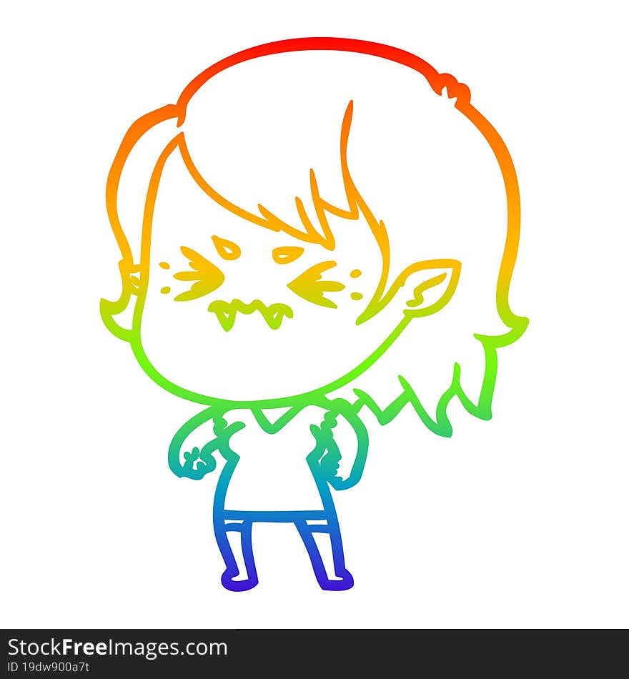 Rainbow Gradient Line Drawing Annoyed Cartoon Vampire Girl