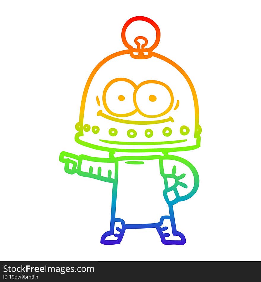 rainbow gradient line drawing of a happy carton robot with light bulb