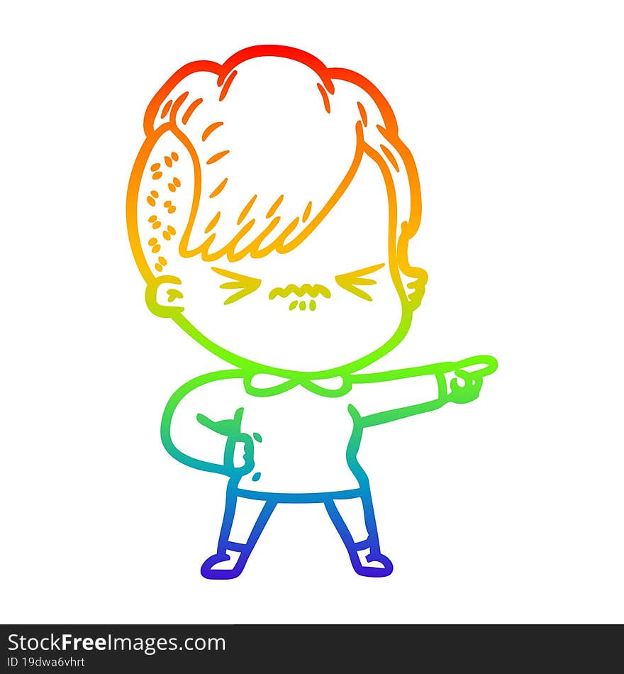 rainbow gradient line drawing of a cartoon annoyed hipster girl