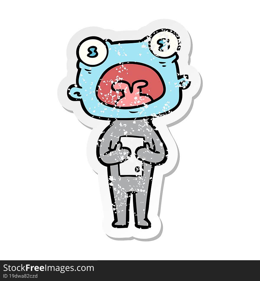 distressed sticker of a cartoon weird alien communicating