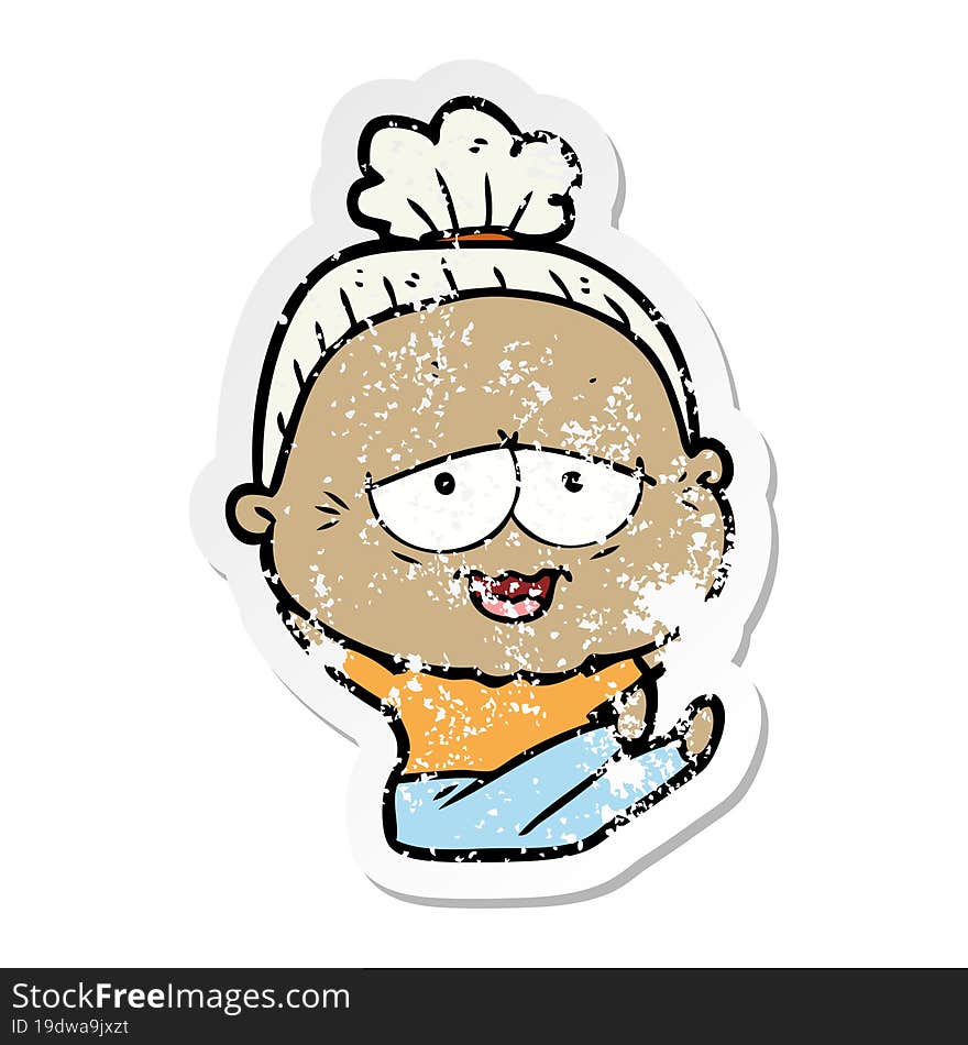 distressed sticker of a cartoon happy old lady