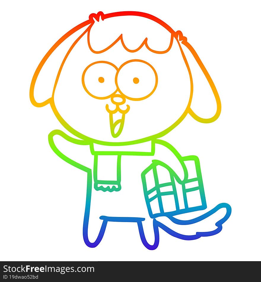 rainbow gradient line drawing of a cute cartoon dog with christmas present