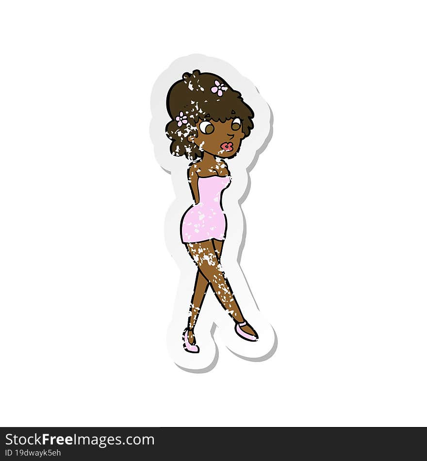 retro distressed sticker of a cartoon woman posing in dress