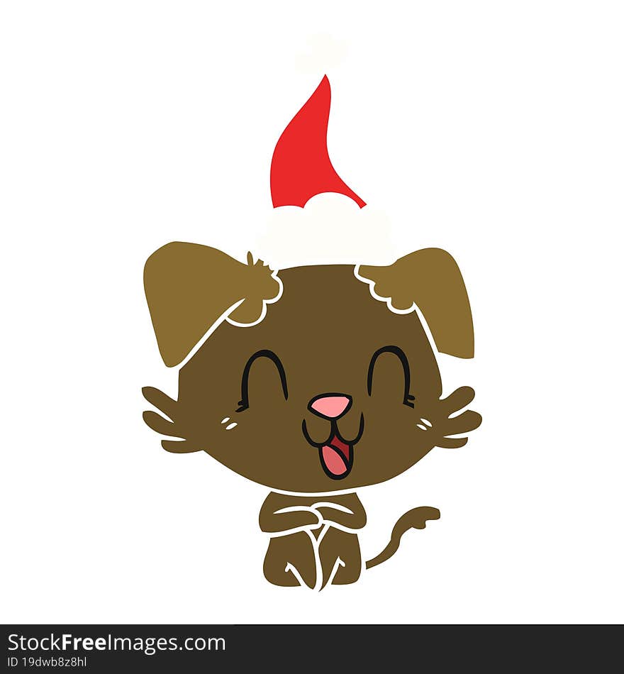 laughing flat color illustration of a dog wearing santa hat