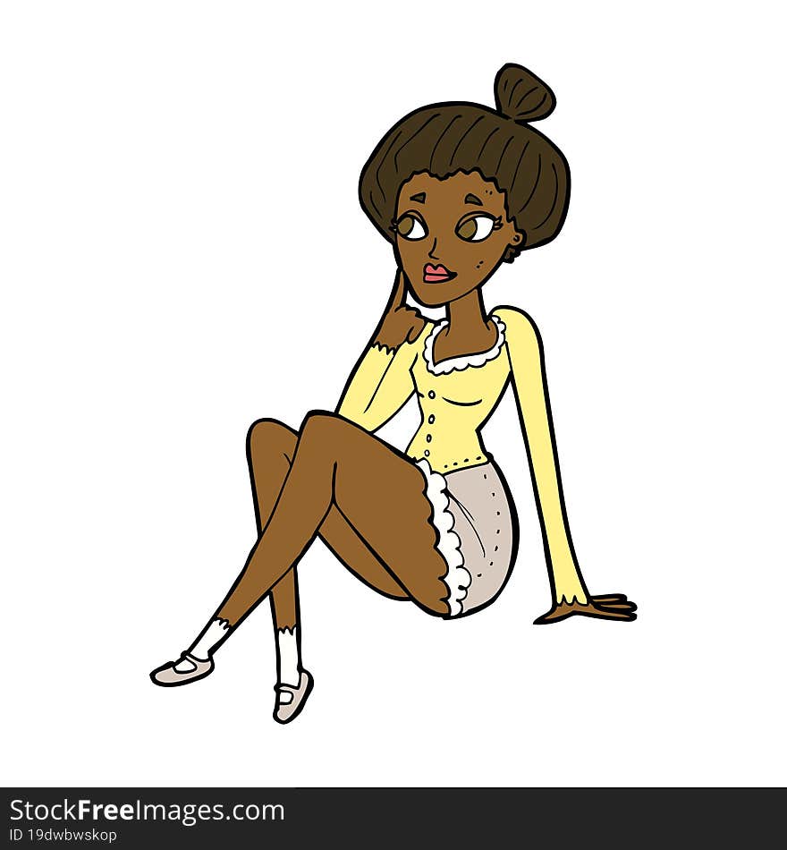 Cartoon Attractive Woman Sitting Thinking