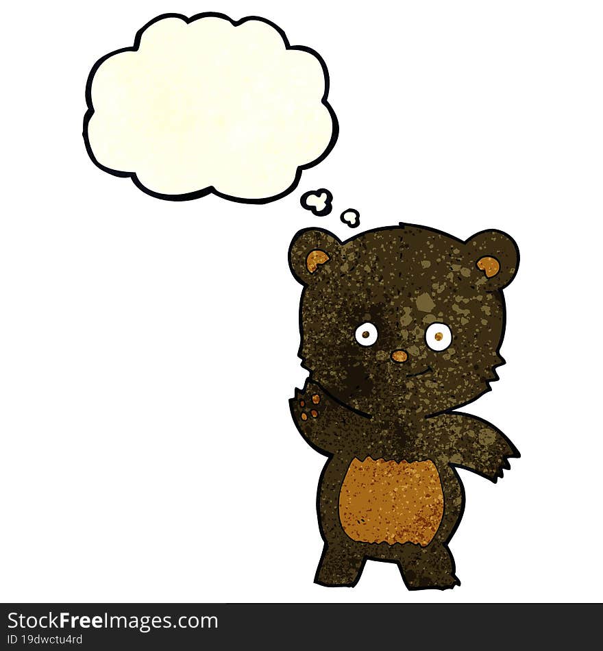 cartoon waving black bear with thought bubble