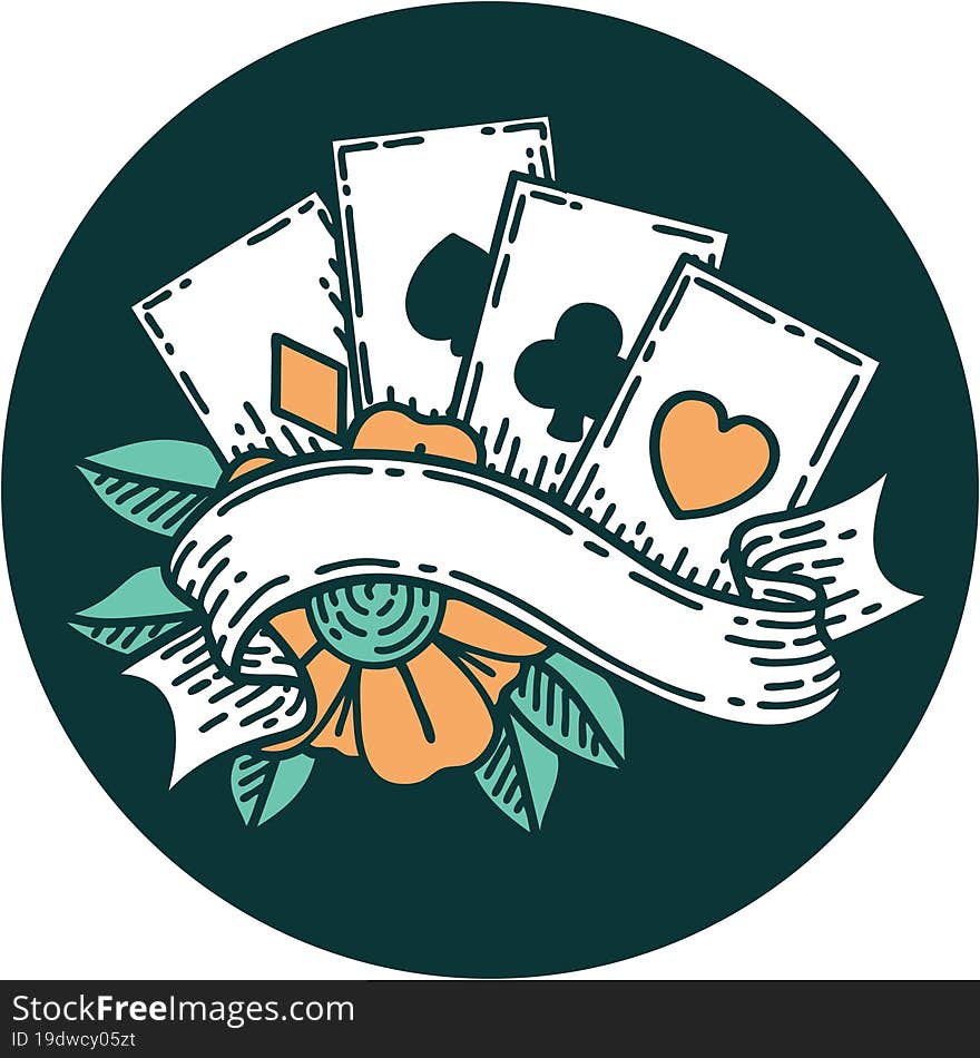 iconic tattoo style image of cards and banner. iconic tattoo style image of cards and banner