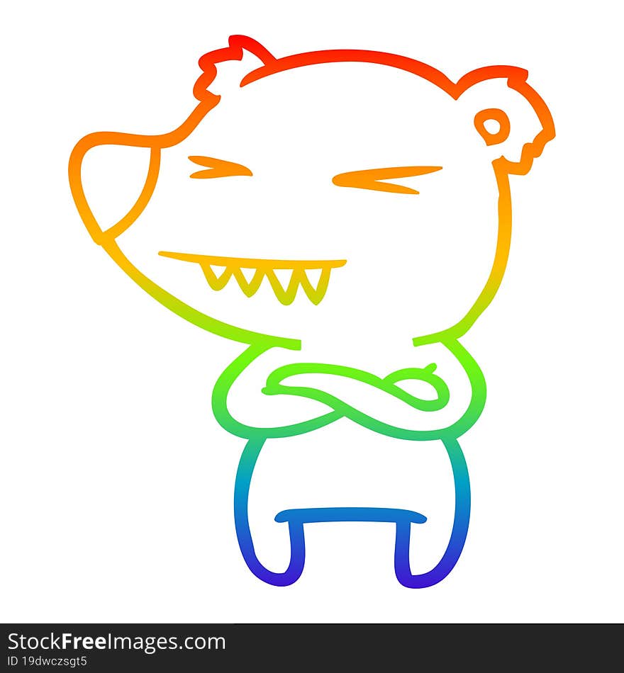 rainbow gradient line drawing angry polar bear cartoon with folded arms