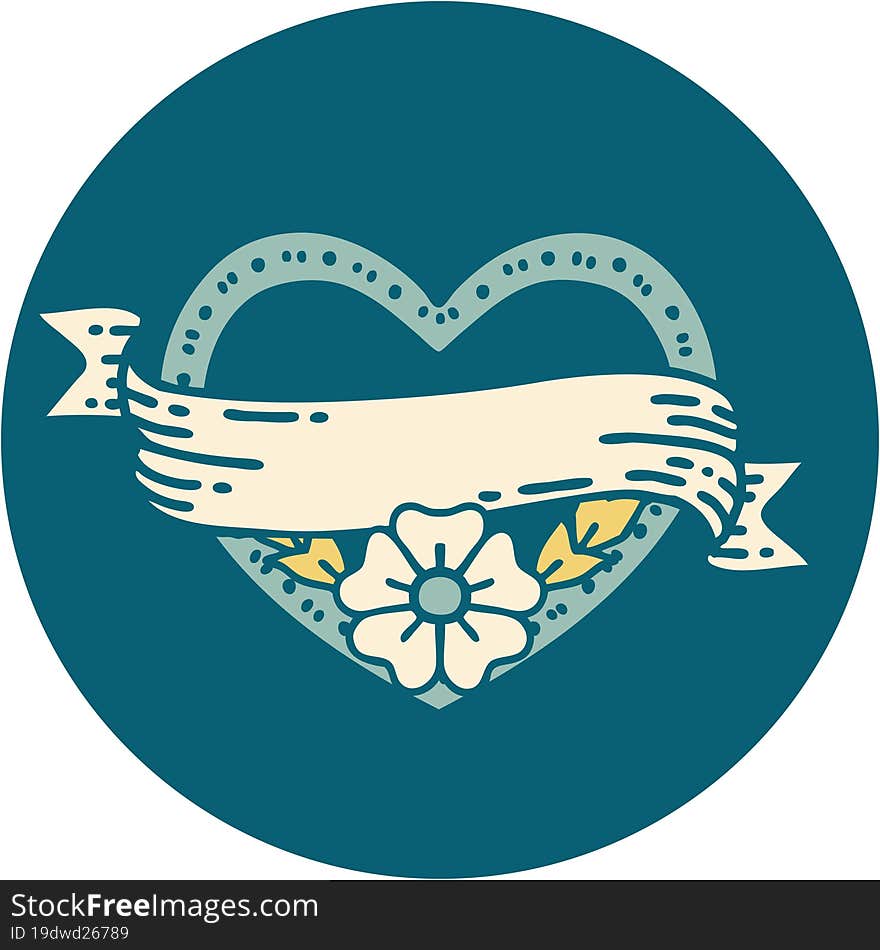 Tattoo Style Icon Of A Heart And Banner With Flowers