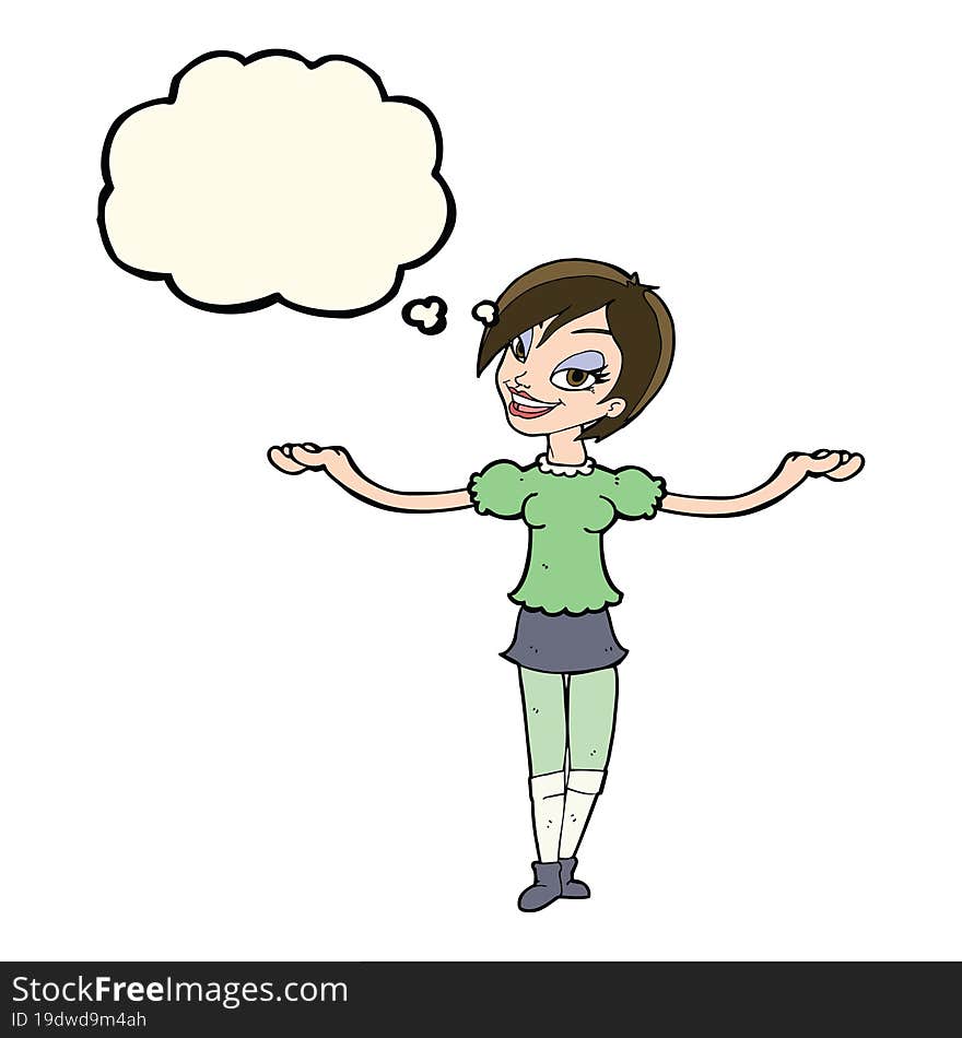 cartoon woman making open arm gesture with thought bubble