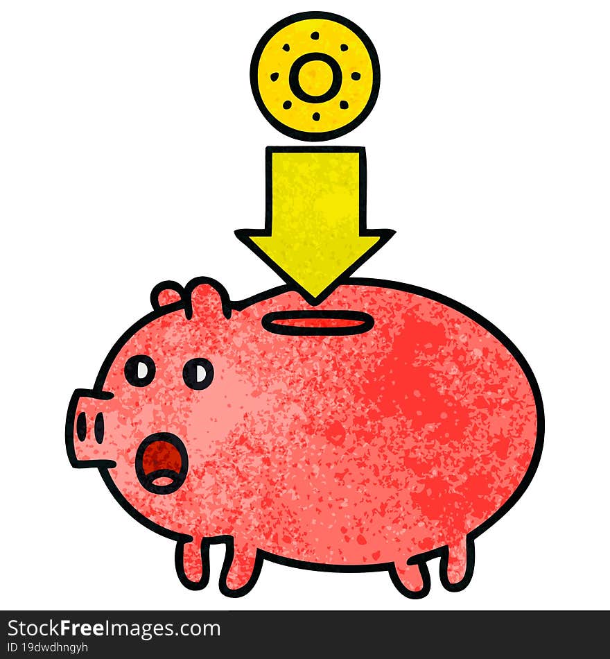 retro grunge texture cartoon of a piggy bank