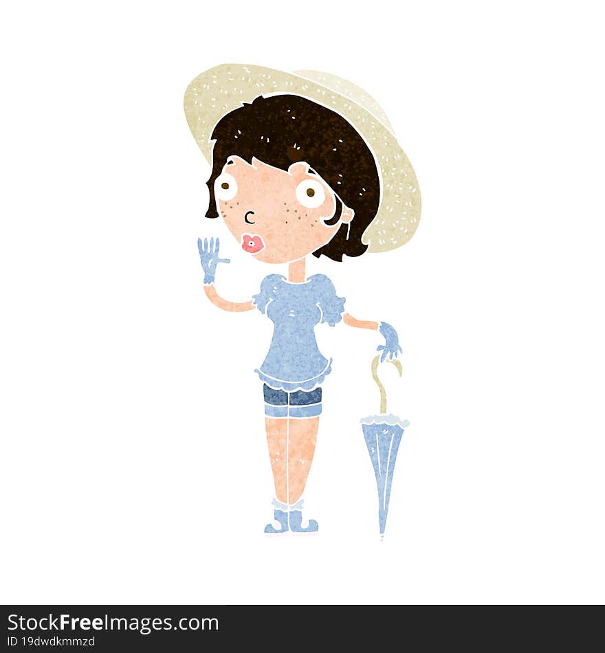 cartoon woman in summer hat waving