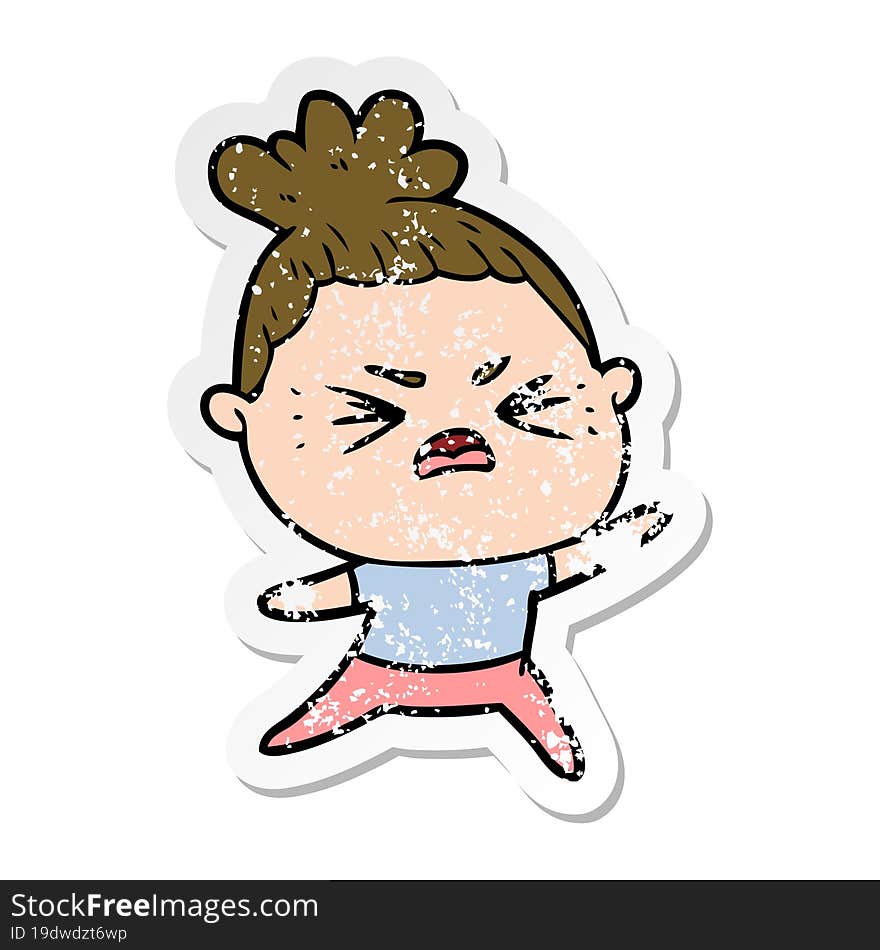 distressed sticker of a cartoon angry woman