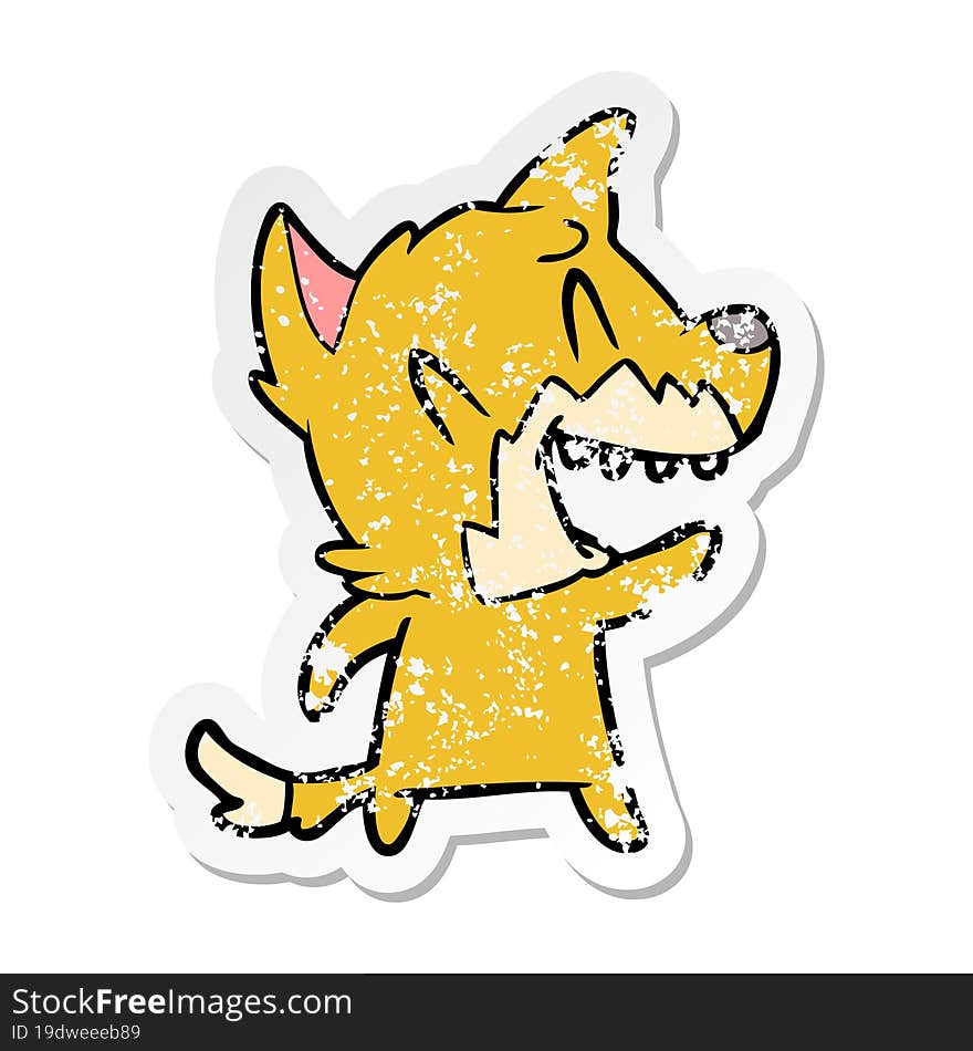 distressed sticker of a laughing fox cartoon