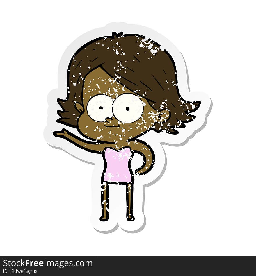 distressed sticker of a happy cartoon girl