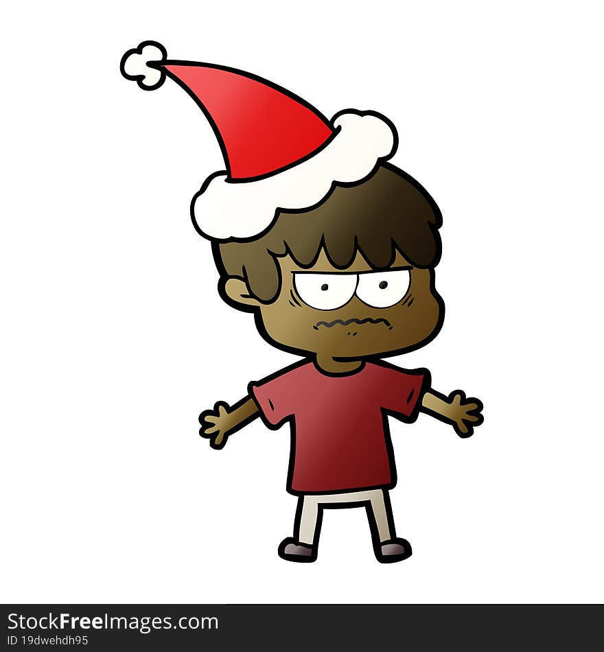 annoyed gradient cartoon of a boy wearing santa hat