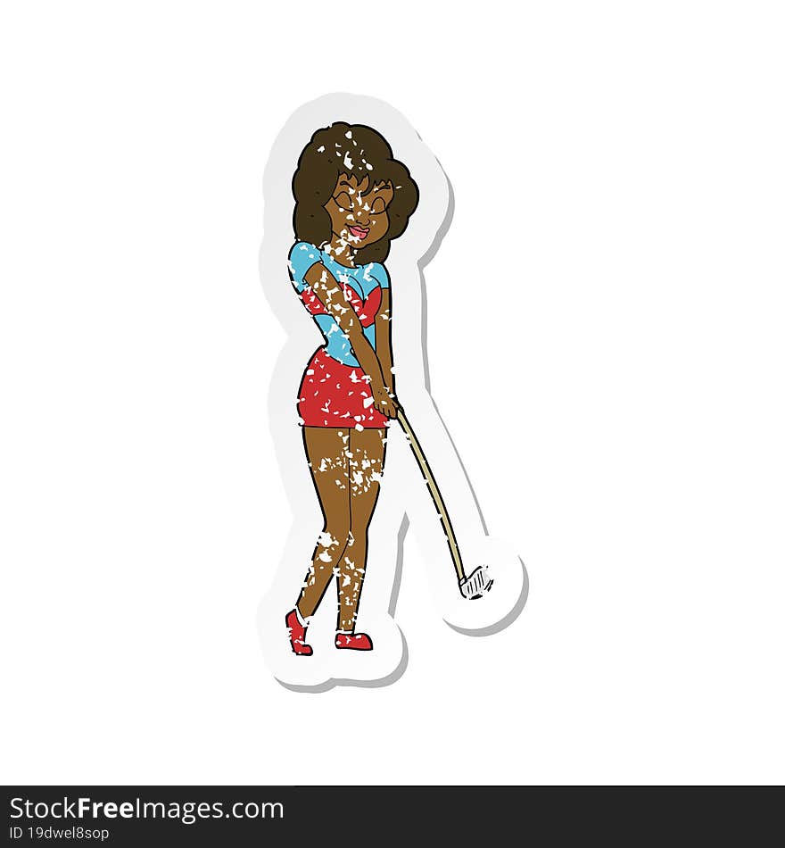 Retro Distressed Sticker Of A Cartoon Woman Playing Golf