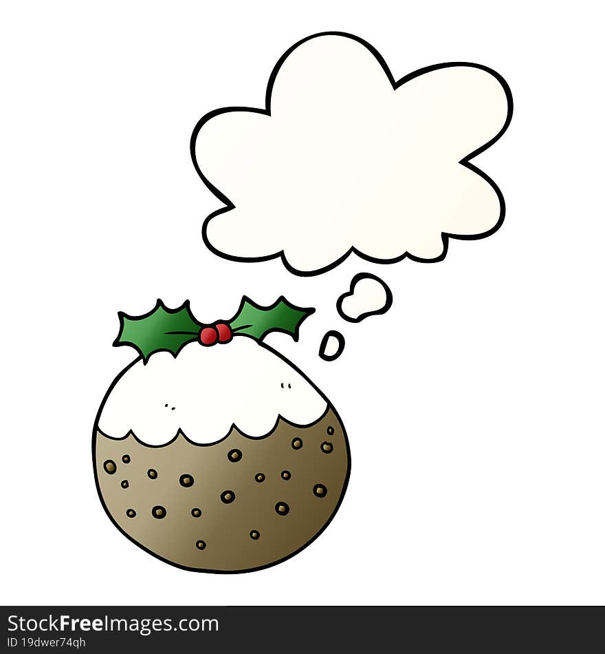 cartoon christmas pudding and thought bubble in smooth gradient style