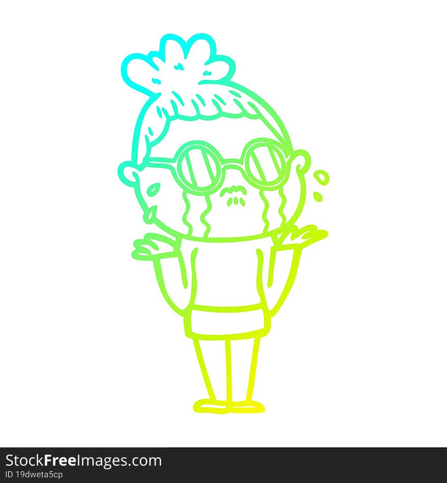 Cold Gradient Line Drawing Cartoon Crying Woman Wearing Spectacles