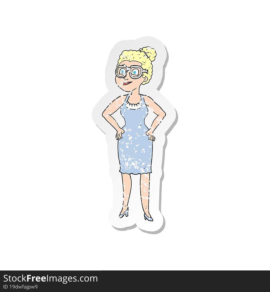 Retro Distressed Sticker Of A Cartoon Woman Wearing Glasses