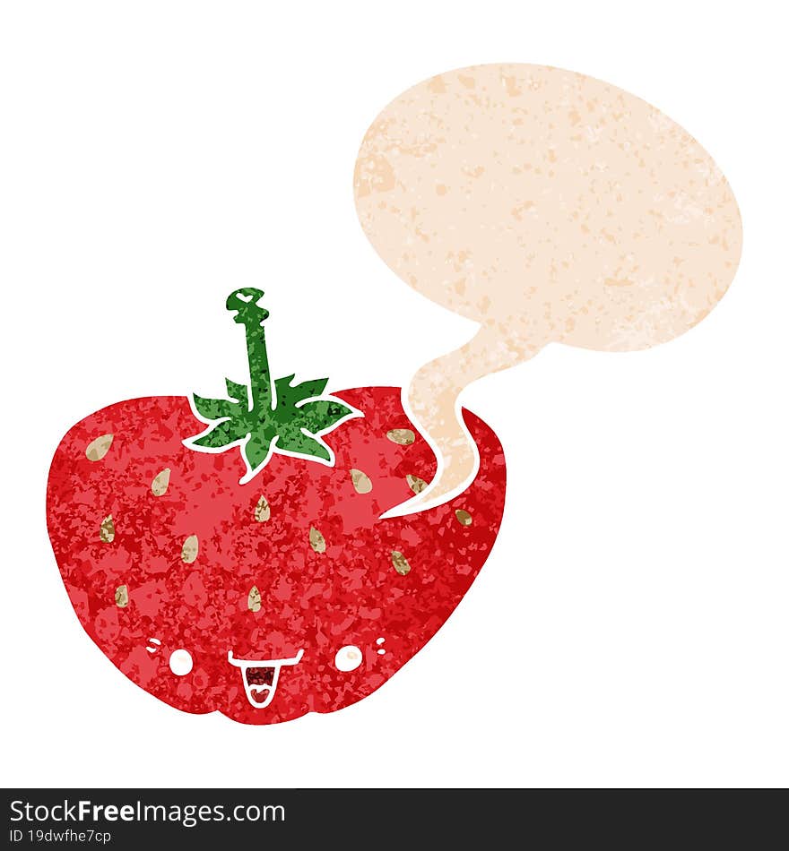 cartoon strawberry and speech bubble in retro textured style