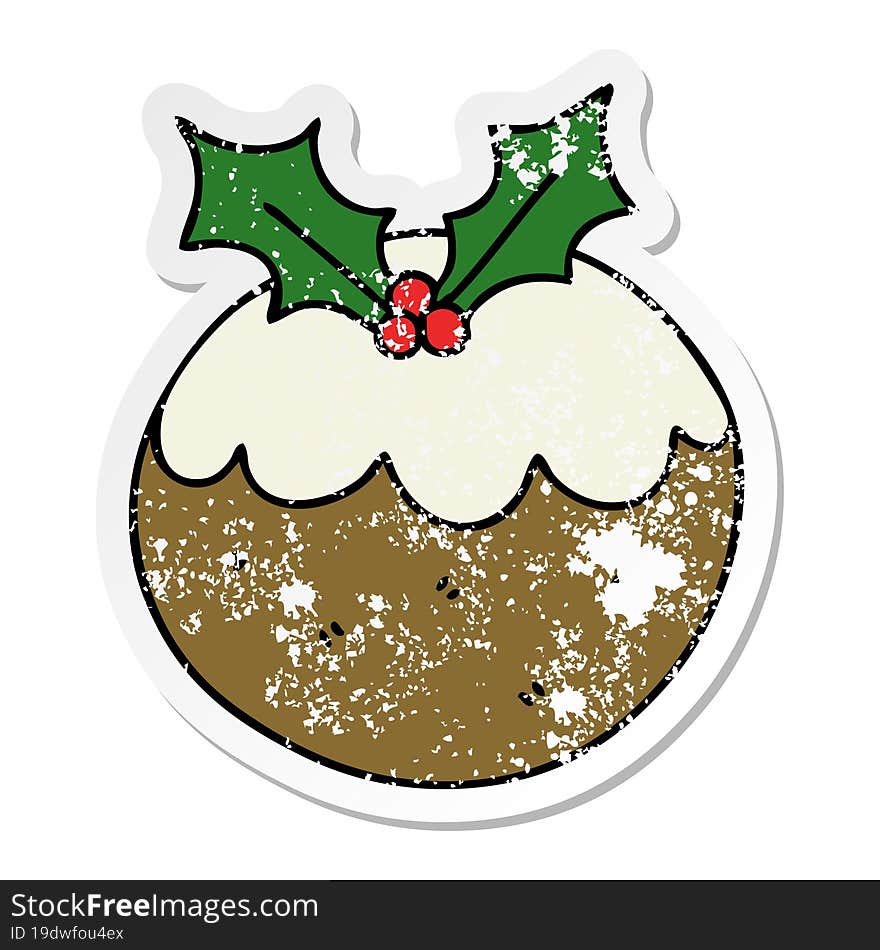 Distressed Sticker Of A Quirky Hand Drawn Cartoon Christmas Pudding