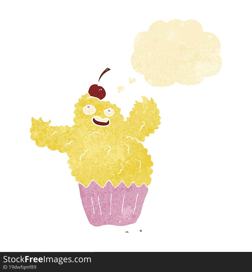 cartoon cupcake monster with thought bubble