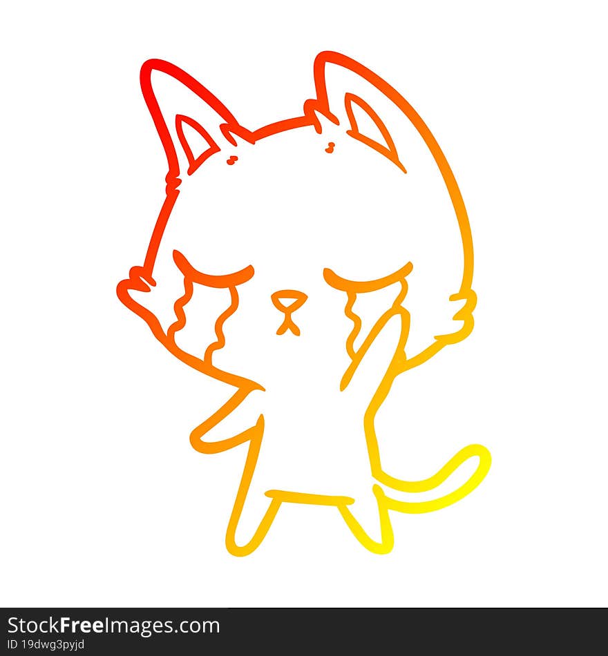 warm gradient line drawing of a crying cartoon cat