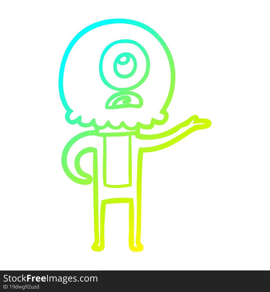 cold gradient line drawing of a cartoon cyclops alien spaceman explaining