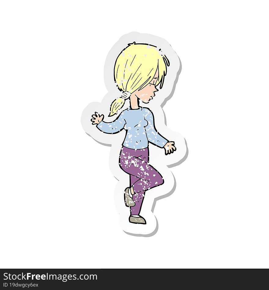 retro distressed sticker of a cartoon girl dancing